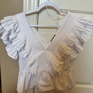Zara White Ruffled Pleated Blouse
